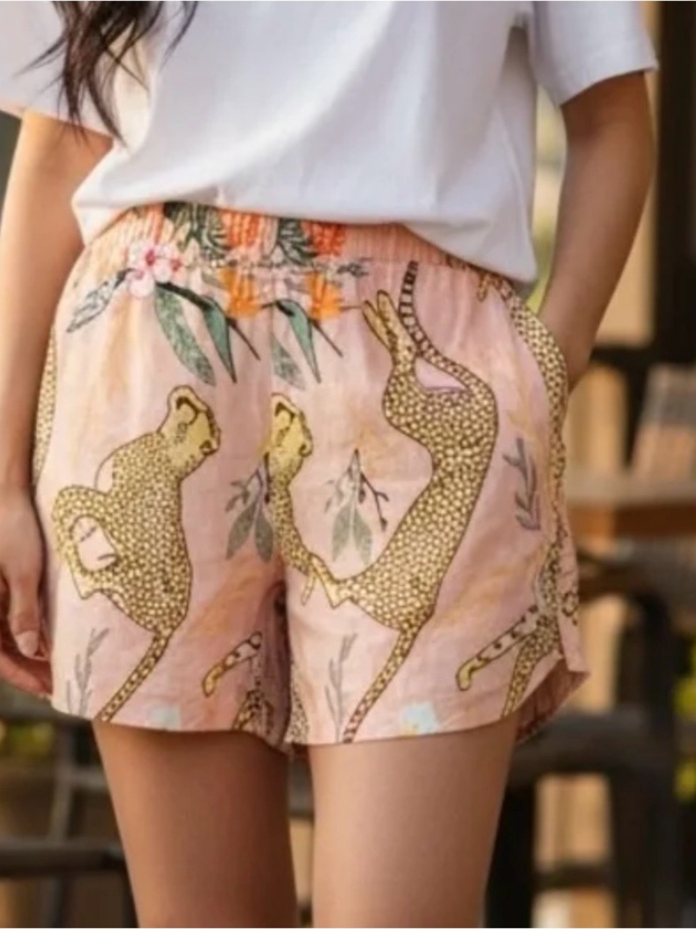 Women's Pink Printed Elastic-Waist Shorts with Leopard Motif